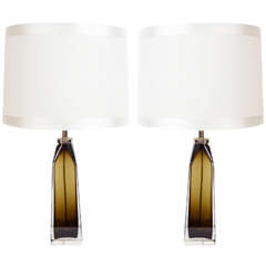 Pair of Smoked Glass Lamps by Nils Landberg for Orrefors