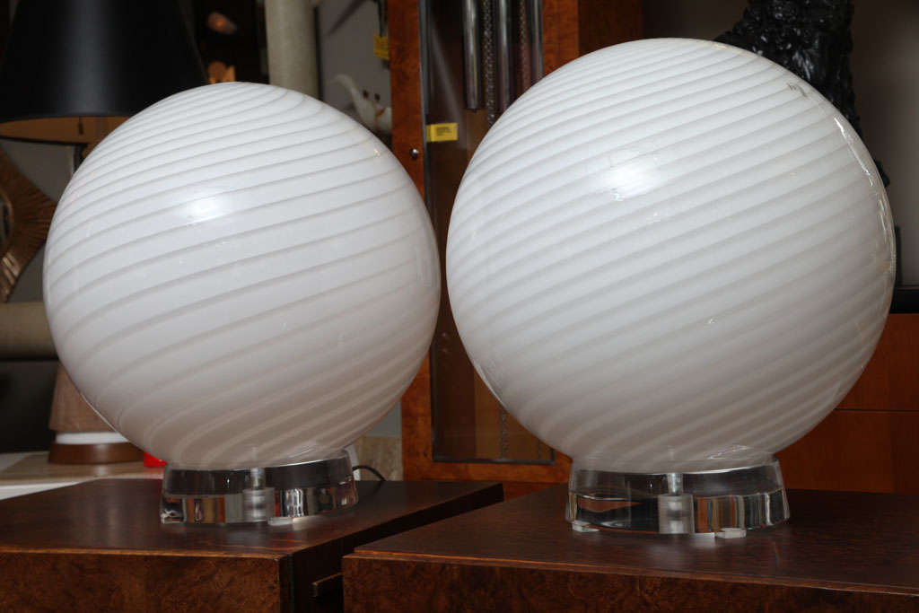 Modern Extra Large Vetri Murano Glass and Thick Lucite Base Globe Table Lamps