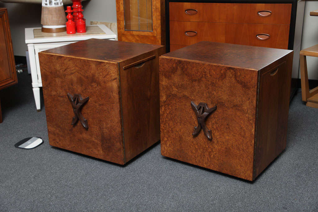 REDUCED FROM $3650....Designed by Harold Schwartz oddly and uniquely beautiful Romweber night stands or side tables in an overall cube form clad in exotic burl and rarely seen veneers. Each with a front door opening to adjustable shaped open front