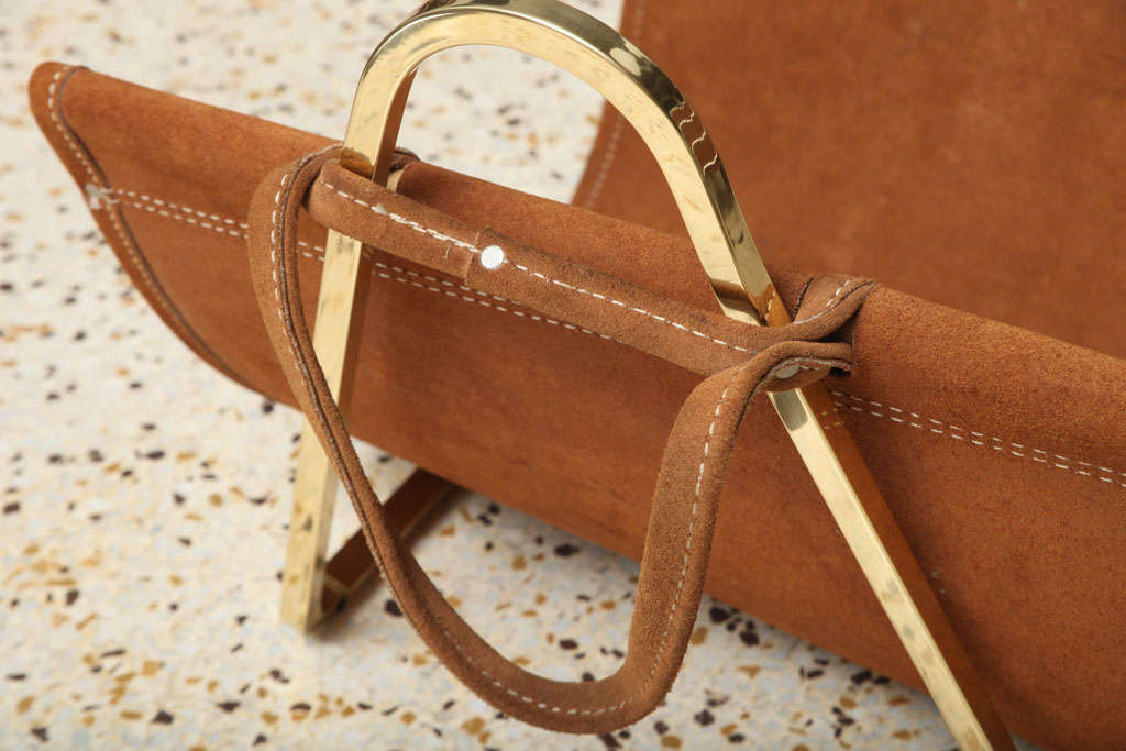 American Polished Brass and Suede Log Carrier/Holder