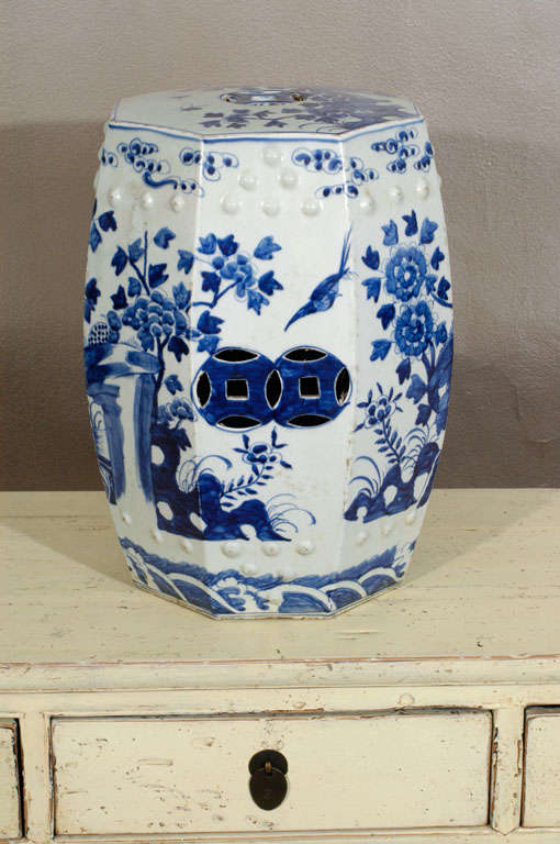 Blue and White Porcelain Garden Seat from the antiques market in Jingdezhen, home to the imperial kilns of the emperors of ancient China. A pair is available. Perfect as an occassional table or stool.