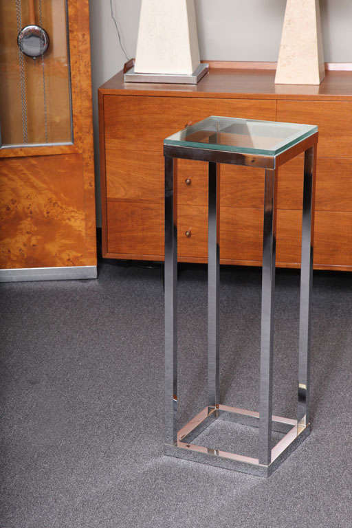 ...SOLD FEBRUARY 2013...Elegantly modern, this gallery style chromed steel pedestal takes inspiration from Donald Judd with its basic box lines.  Finely executed, it has a 1/2