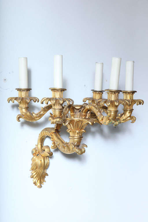 French Fine Pair of Charles X Doré Bronze Five-Arm Wall Lights For Sale