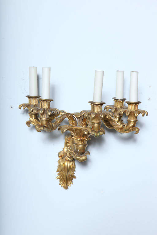 Fine Pair of Charles X Doré Bronze Five-Arm Wall Lights For Sale 5