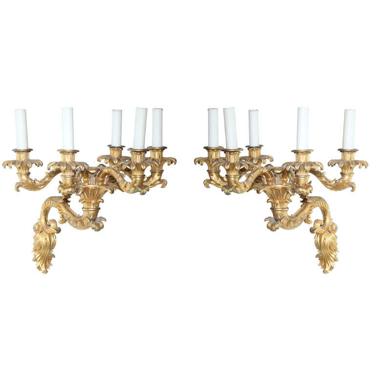 Fine Pair of Charles X Doré Bronze Five-Arm Wall Lights For Sale
