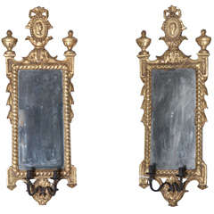 Antique Pair of Italian Neoclassic Giltwood Girandole Mirrors