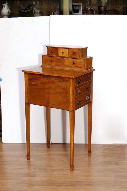 Satinwood Inlaid Small Size Writing Desk with attached tower of five small drawers and three larger drawers in the body of the desk. Writing surface is 17 1/2