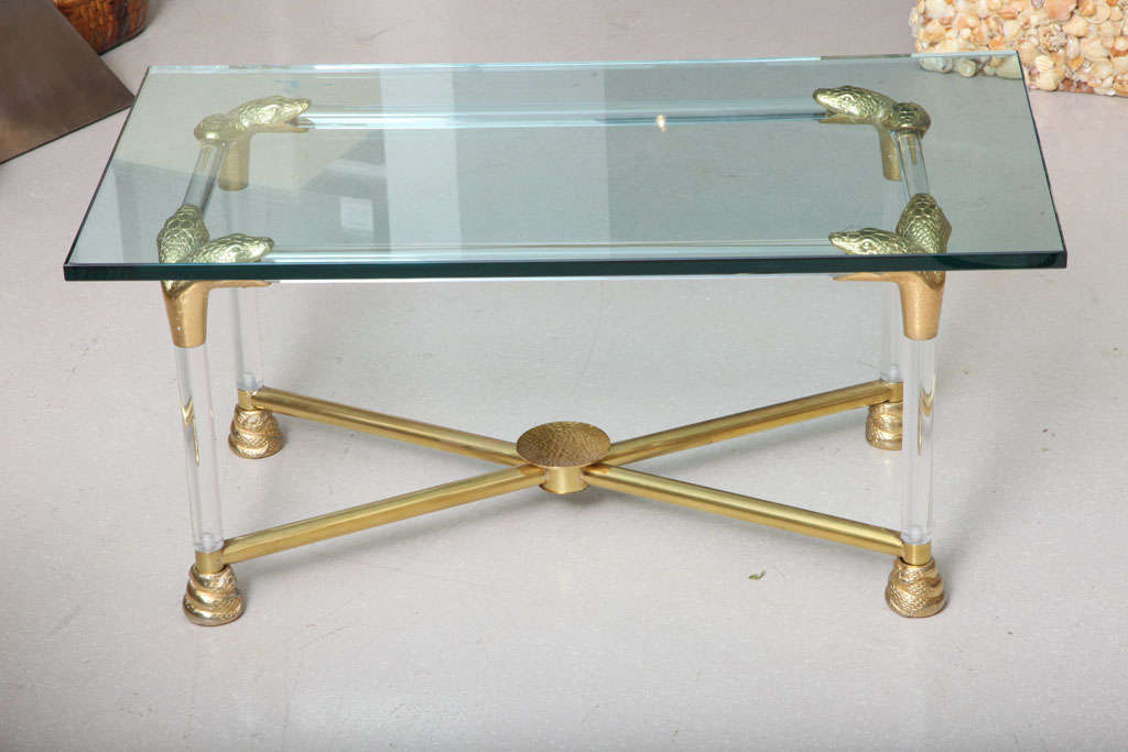 Unknown Lucite and Brass Coffee Table with Python Motif For Sale