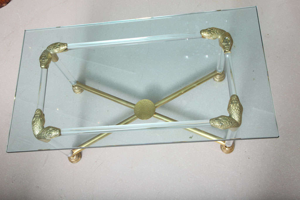 Lucite and Brass Coffee Table with Python Motif For Sale 5