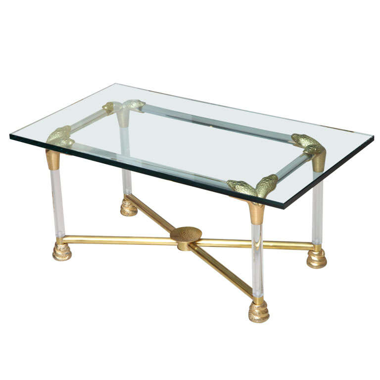 Lucite and Brass Coffee Table with Python Motif For Sale