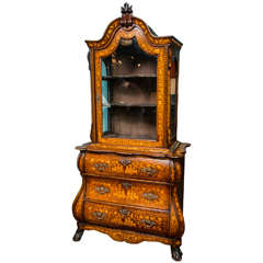 19th c, Antique Dutch Marquetry Display Cabinet with Bombe Drawers