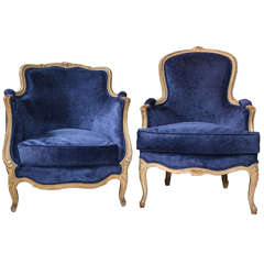 Pair of Blue French Bergere Chairs with down filled cushions.