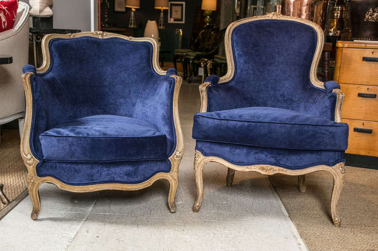 Pair of Blue French Bergere Chairs with down filled cushions. at 1stDibs blue bergere chair
