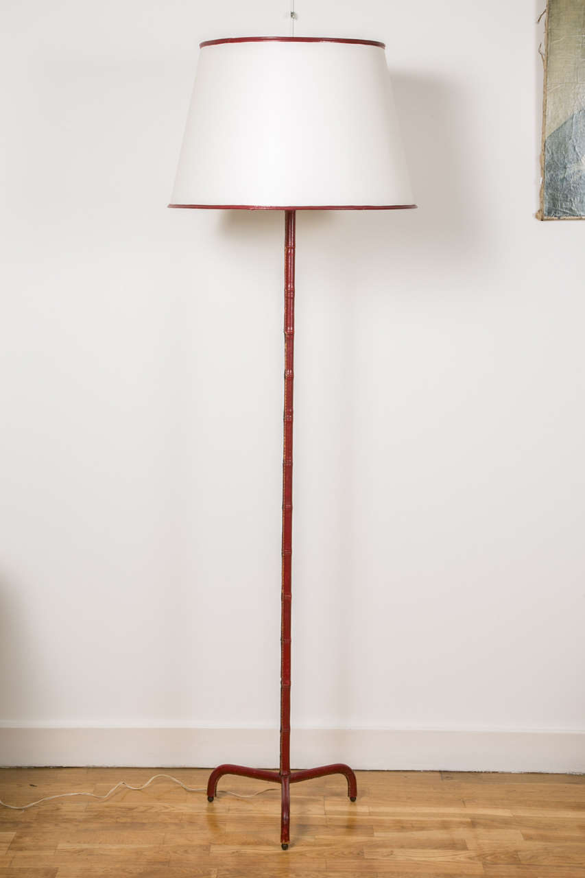 French 1950s Jacques Adnet Floor Lamp Covered with Bordeaux Red Leather