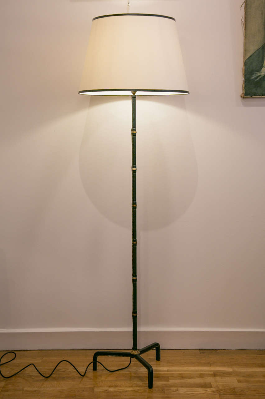 Jacques Adnet Floor Lamp Covered with Dark Blue Leather, 1950s 2