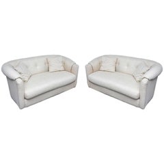 Vintage Pair of Raw Silk with Chrome Base Loveseats, USA, 1970s