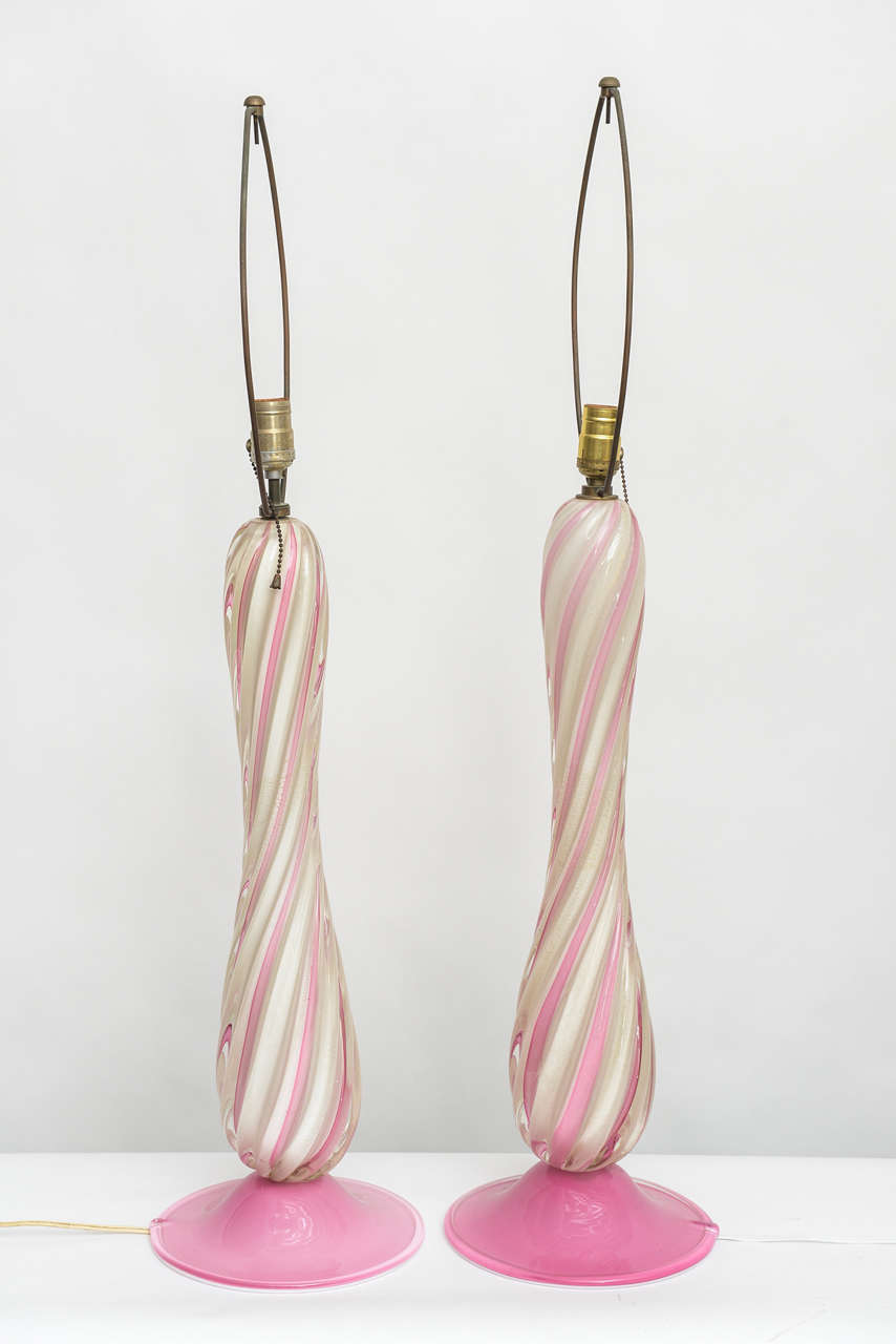 Glass Pair of Pink Swirl Murano Lamps