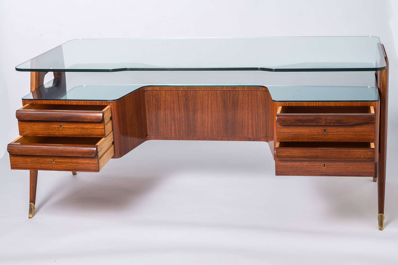 Marquetry Paolo Buffa style Indian Rosewood and glass desk, Italy circa 1950