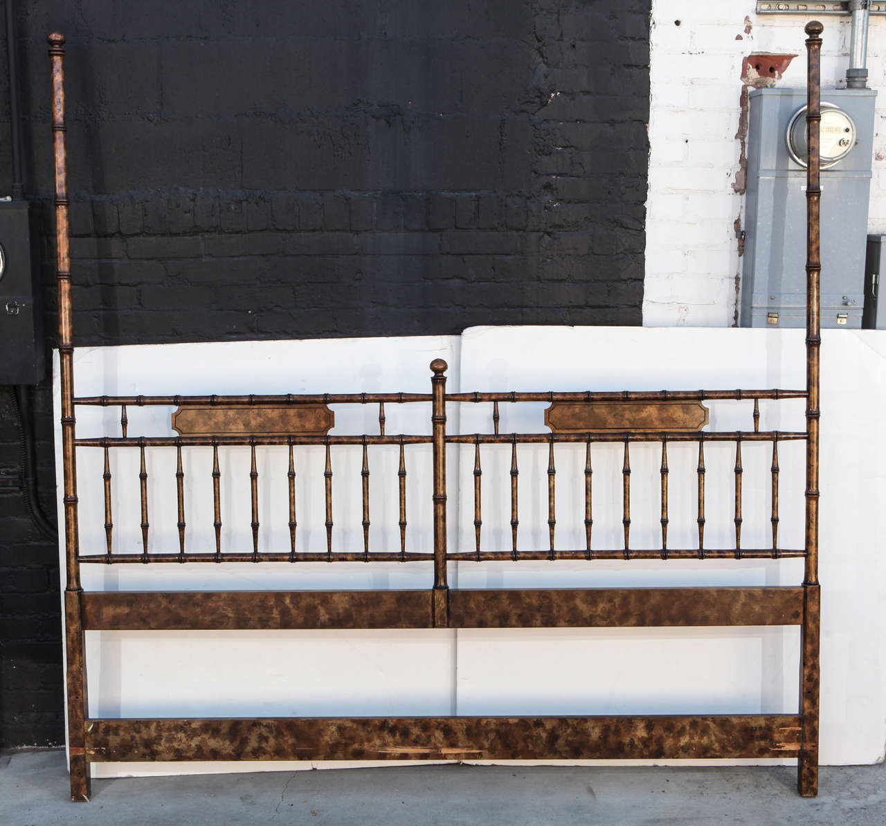 Hollywood Regency chinoiserie faux bamboo California King headboard coated in a clear lacquer.