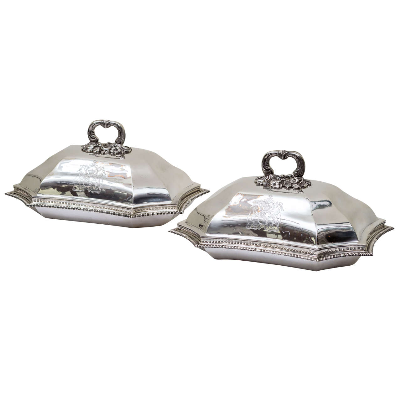 Early 19th Century Georgian Sterling Silver Covered Dishes with Armorials, Pair For Sale