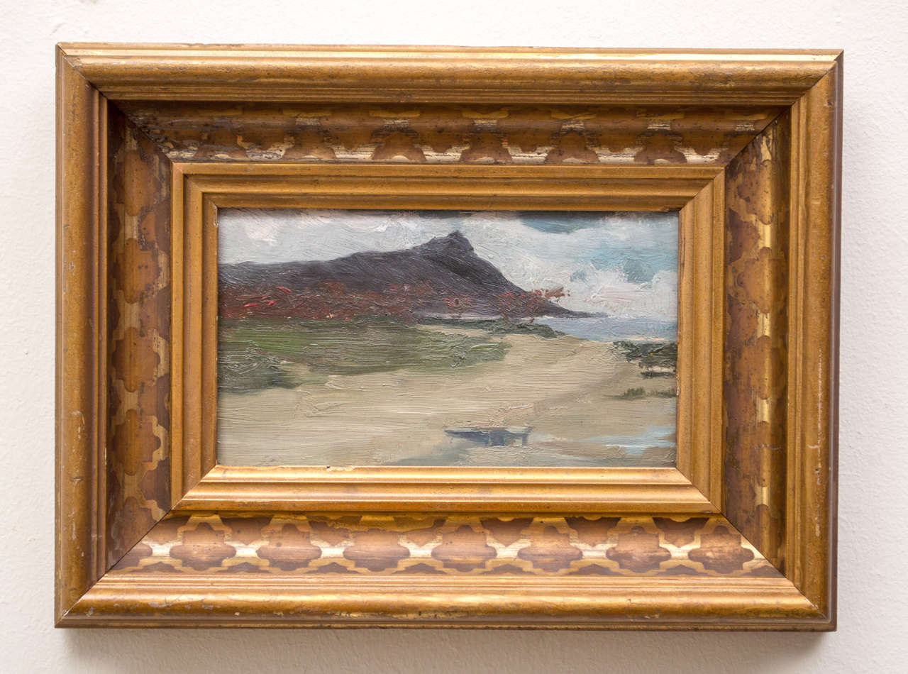 Late 19th century oil painting of Hawaii, "View of Diamondhead." Waikiki Beach is prominent in the foreground. Very detailed brush strokes create a strong landscape image on a small-scale. Bold period frame with contrasting gold and silver