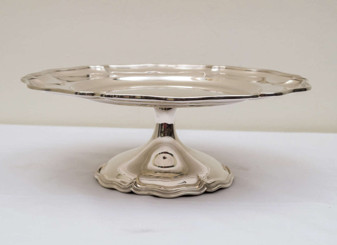 Art Noveau Sterling Silver Cake Stand by Shreve & Co. SF. Marked Shreve & C0. San Francisco with S shield and liberty bell hallmarks. Elegant Art Nouveau form. Heavy build, not weighted. Very good surface.