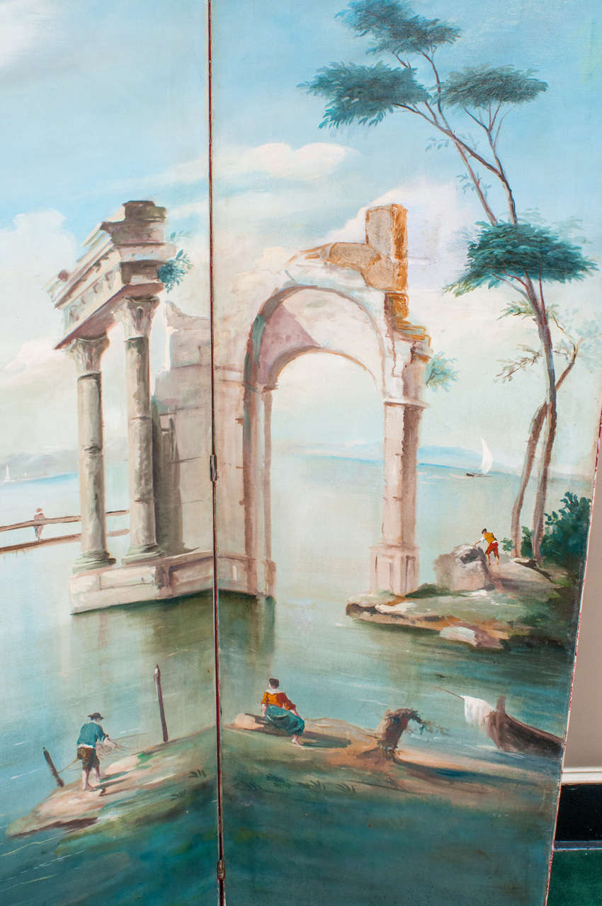 Romantic Hand Painted Oil on Canvas 4 Panel Folding Screen, 1930's