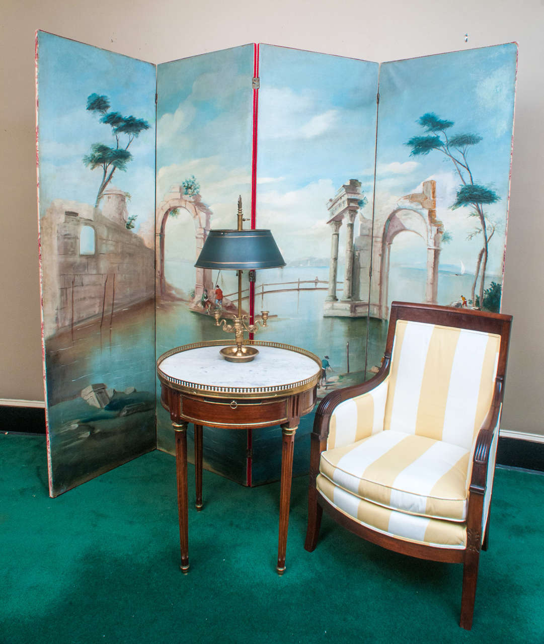 20th Century Hand Painted Oil on Canvas 4 Panel Folding Screen, 1930's