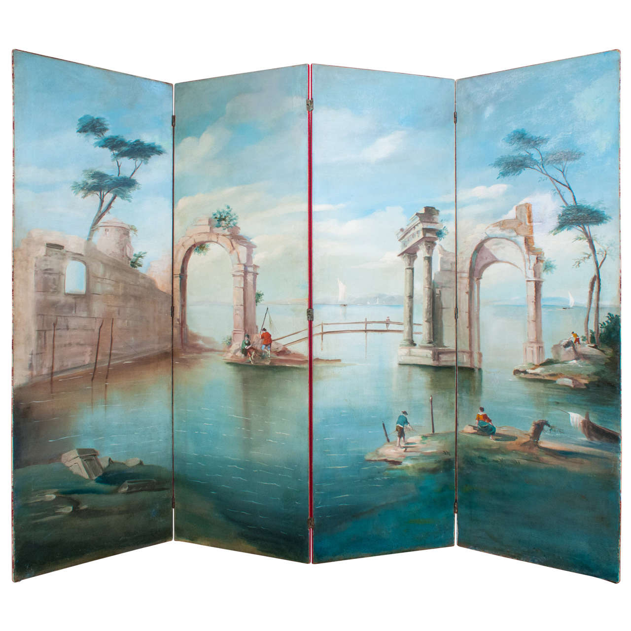 Hand Painted Oil on Canvas 4 Panel Folding Screen, 1930's