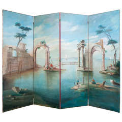Hand Painted Oil on Canvas 4 Panel Folding Screen, 1930's