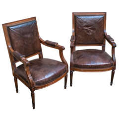 Pair Louis XVI Style Fauteuils(Arm Chairs) in Old Leather, Ca:1910, France