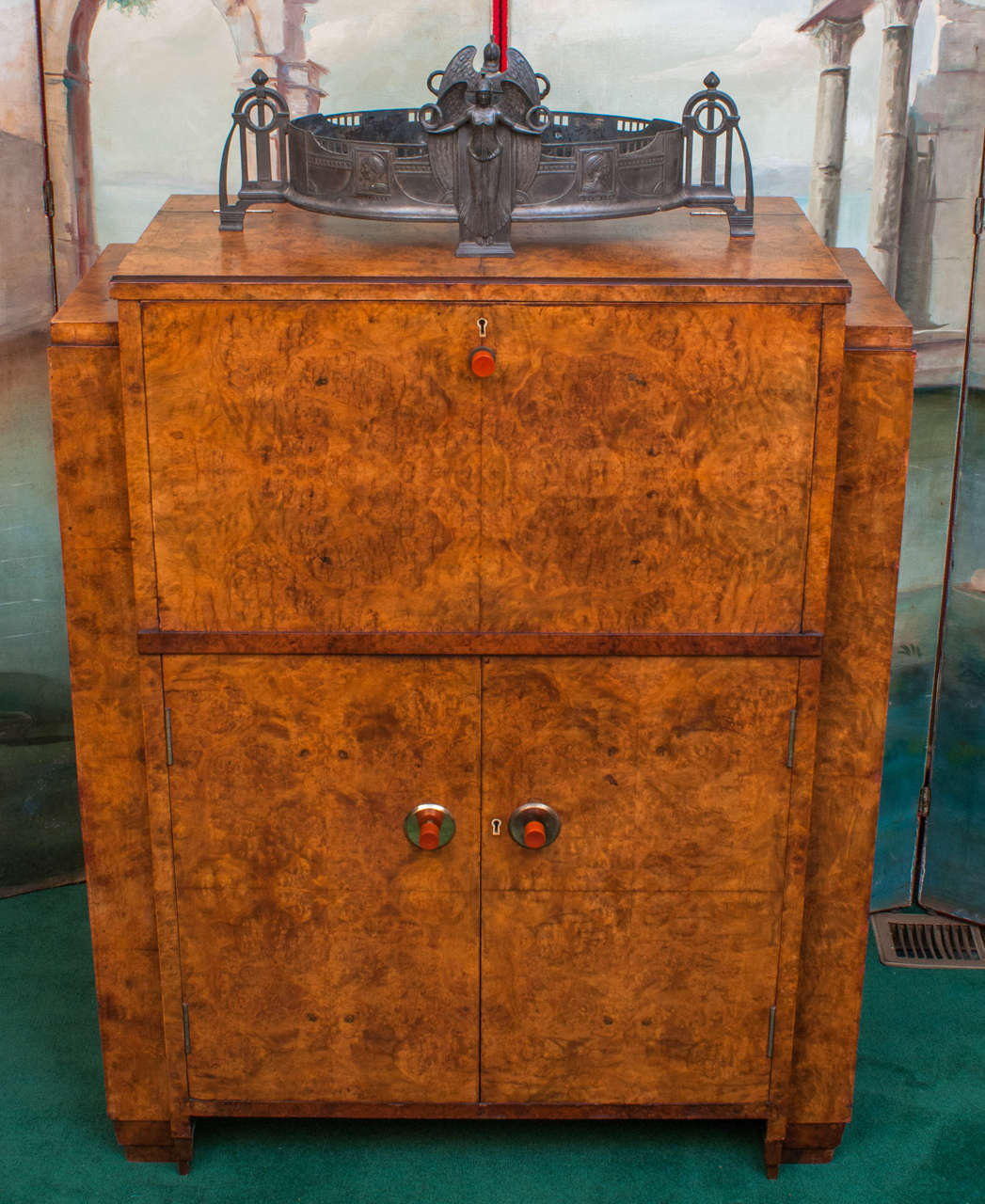 Art Deco Bar in Burled Olive Ash with Bakelite Handles, Circa: 1925