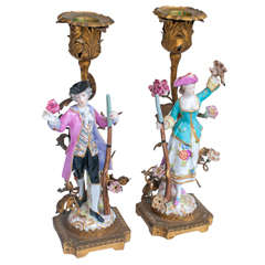 Rococo Ormolu and Porcelain Sticks"Hunters with Rifles", Continental, Ca:1880