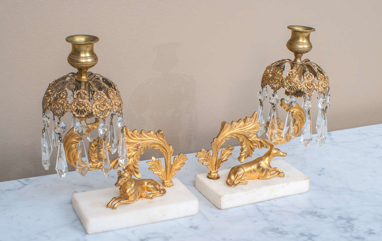 Pair of  Wm IV Gilt Brass Recumbent Greyhound Lustres, England, Circa: 1820