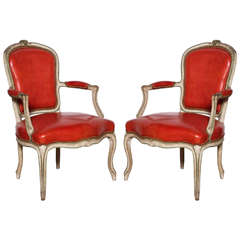 A Pair of Louis XV Carved and Painted Fauteuils. France, 19th Century