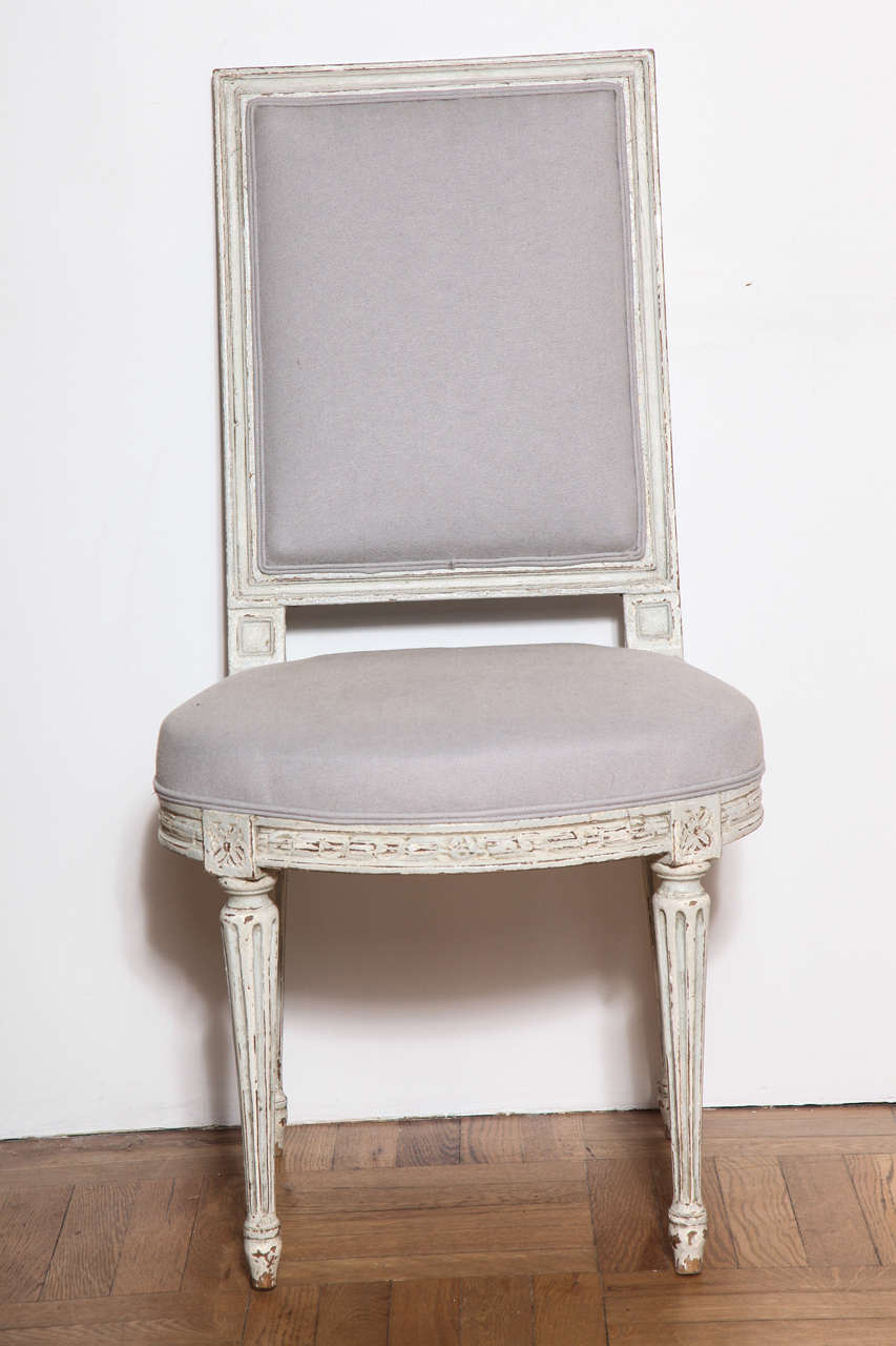 French A Set of Six Carved and Painted Louis XVI Style Dining Chairs. France c. 1920 For Sale