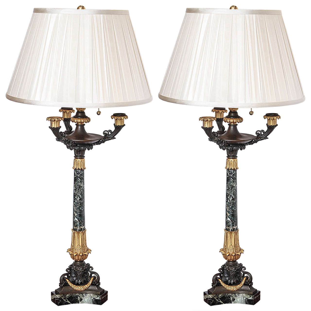 19th C French Charles X Pair Of Marble And Bronze Candlestick Lamps 19th C French Charles X Pair Of Marble And Bronze Candlestick Lamps For