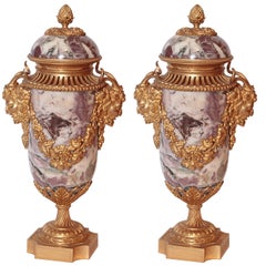 Pair of 19th Century French Marble and Doré Bronze Lidded Urns