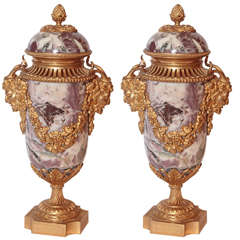 Pair of 19th Century French Marble and Doré Bronze Lidded Urns 9