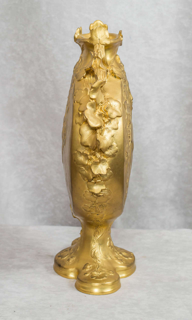 Late 19th Century Art Nouveau Gilt Bronze Vase, Signed 