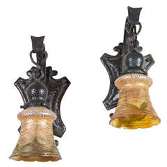 Pair of Arts & Crafts Hammered Metal and Art Glass Shades 3