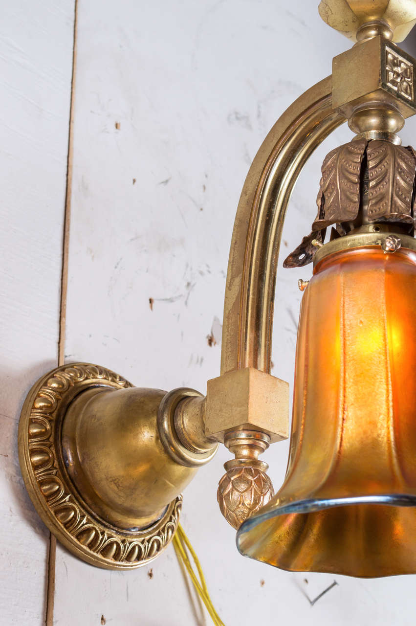 20th Century Gilt Bronze and Art Glass Pair of Sconces