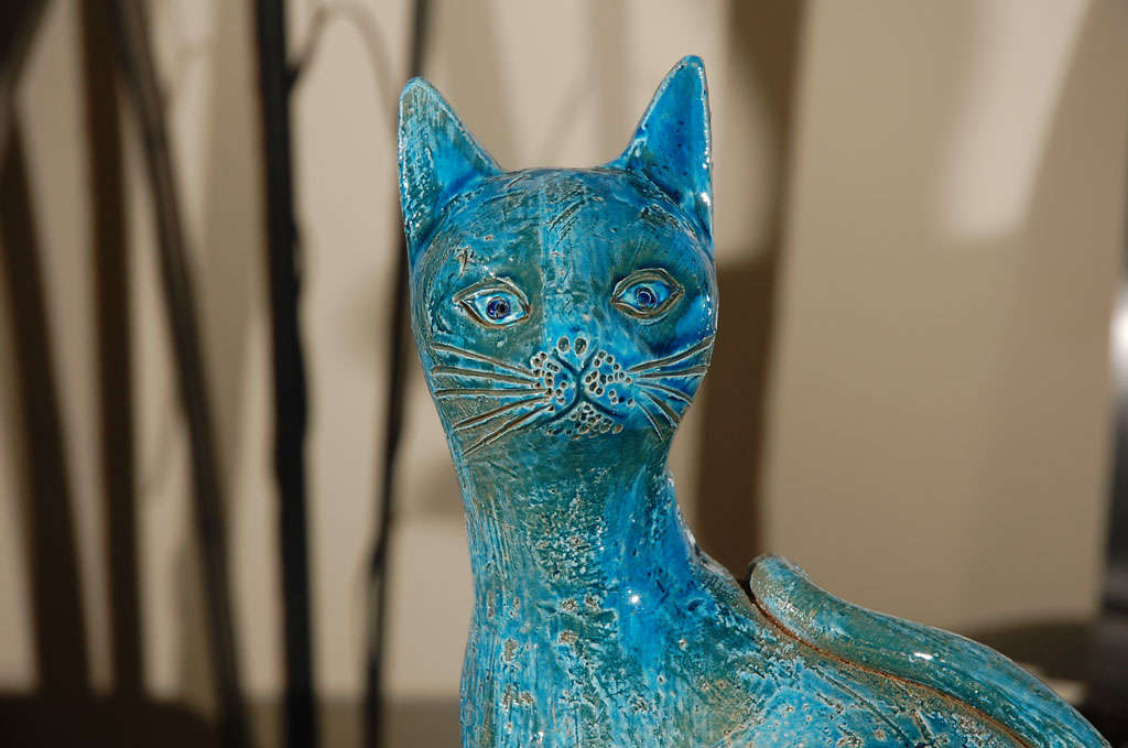 Italian Turquoise Blue Pottery Cat By: RAYMOR For Sale