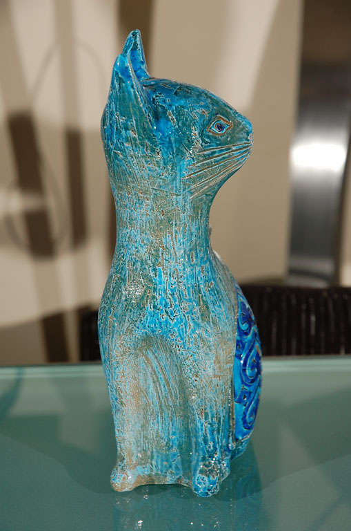 Mid-20th Century Turquoise Blue Pottery Cat By: RAYMOR For Sale