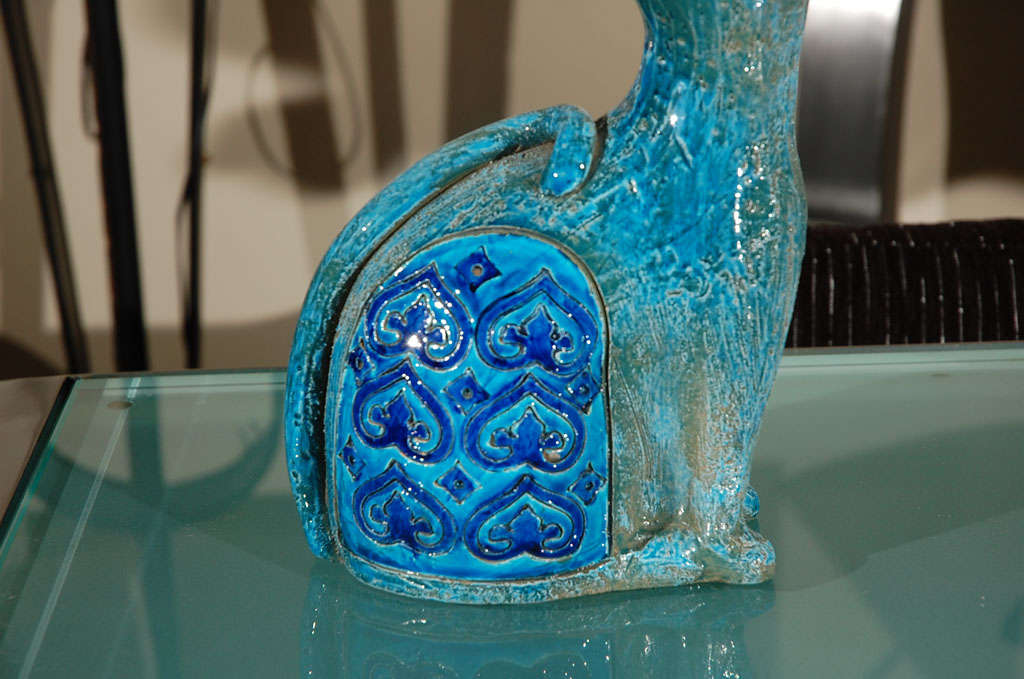 Turquoise Blue Pottery Cat By: RAYMOR For Sale 1