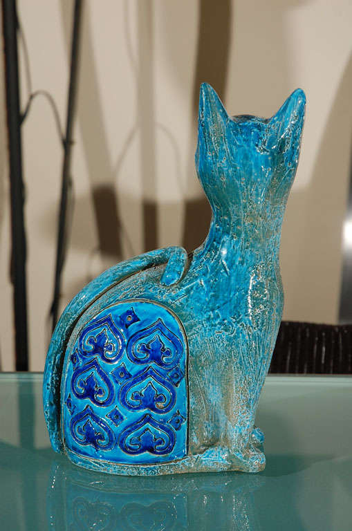 Turquoise Blue Pottery Cat By: RAYMOR For Sale 2