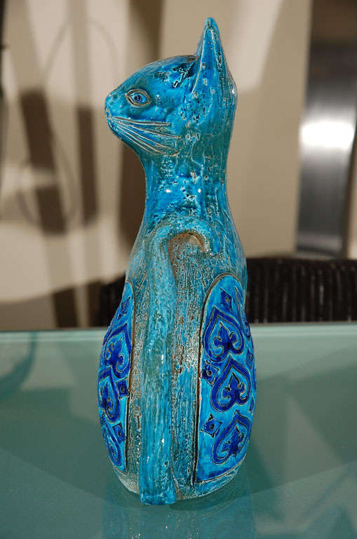 Turquoise Blue Pottery Cat By: RAYMOR For Sale 3