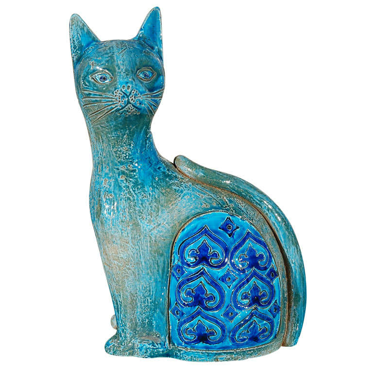 Turquoise Blue Pottery Cat By: RAYMOR For Sale