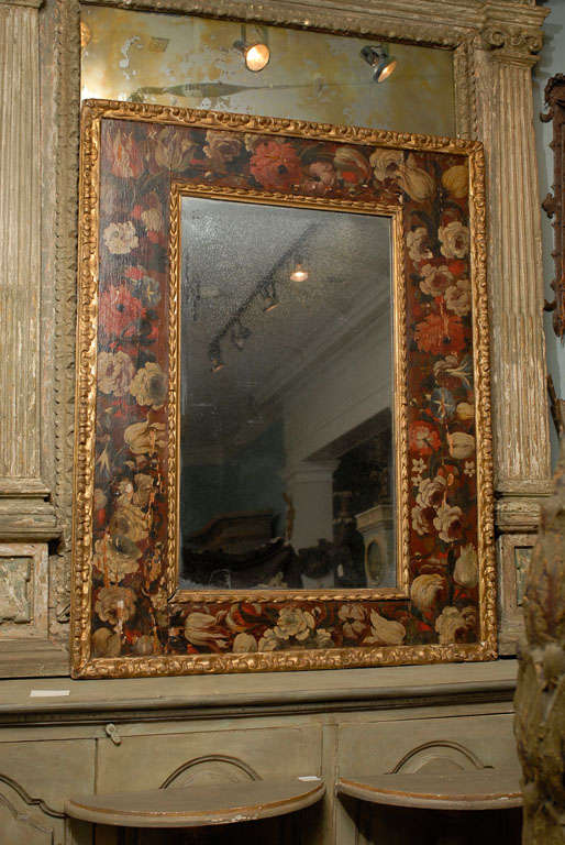 Painted mirror with original painted frame of flowers.
