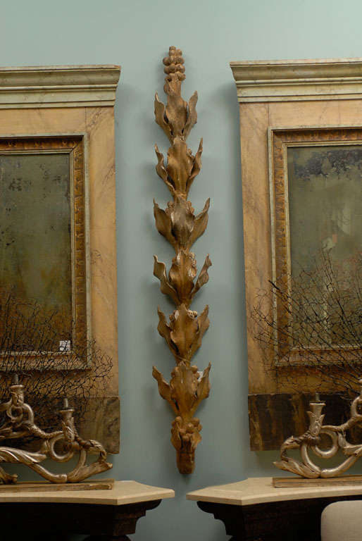 A gorgeous 18th century Italian long wall hanging carved wood vine fragment piece, with traces of aged gilding.